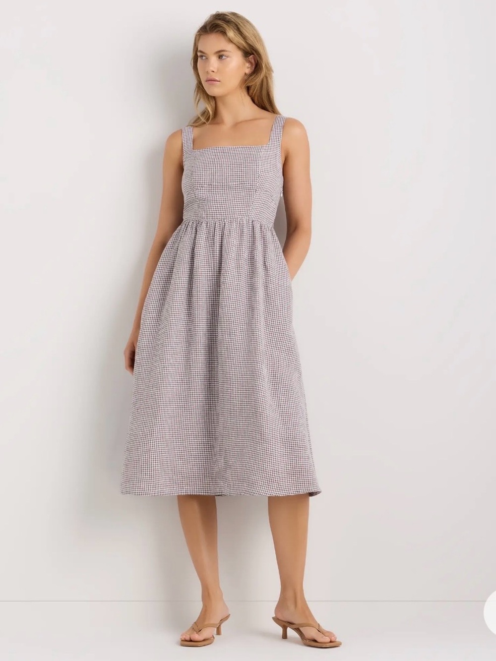 100% EUROPEAN LINEN Fit & Flare in Taupe Gingham by Quince Women’s Small